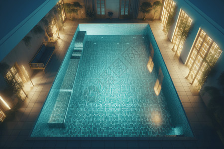 明亮的水室内游泳池的俯视图设计图片