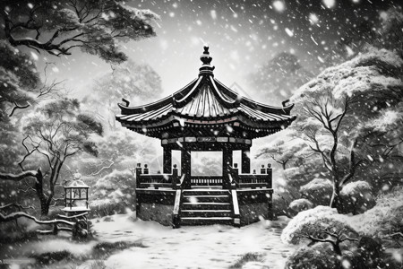 花园雪景美丽花园中的一座亭子的雪景插画