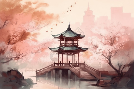 樱花树下美丽的亭子插画图片
