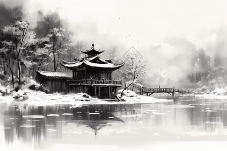 冬雪中宁静的中国风建筑背景图片
