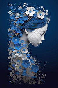 蓝色折纸花卉剪纸艺术女人插画
