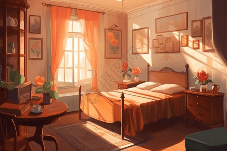 古典床早晨阳光卧室窗户插画