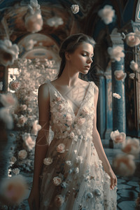女孩在梦幻中的宫殿里背景图片