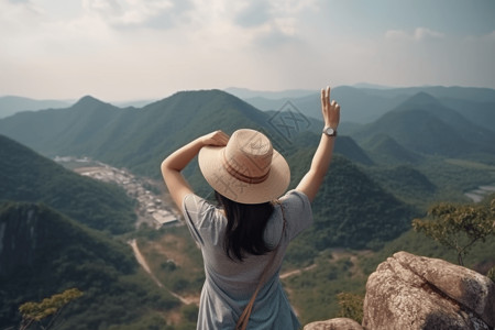 您可以欣赏山景欣赏山顶的景色的女孩背景