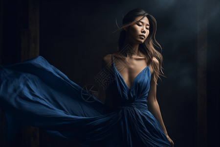 电影风模特穿着蓝色长裙背景