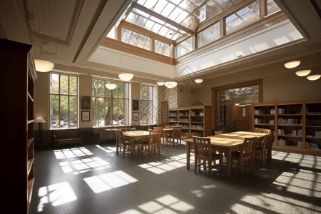通过图书馆的大窗户捕捉自然光过滤，创造一个温暖诱人的环境。，高清图片