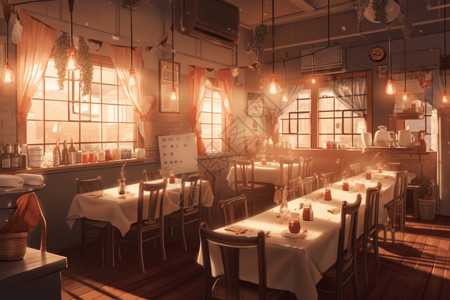 天津意风区餐厅和配有白色方格桌布插画