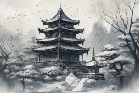 亭台阁楼雪花轻轻地落在阁楼上插画