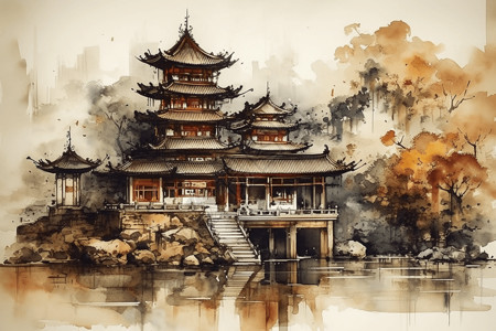 美丽而精湛的中国宫殿水墨画图片