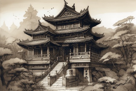 中国宫殿水墨画图片