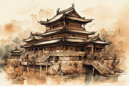 中国水墨风宫殿图片