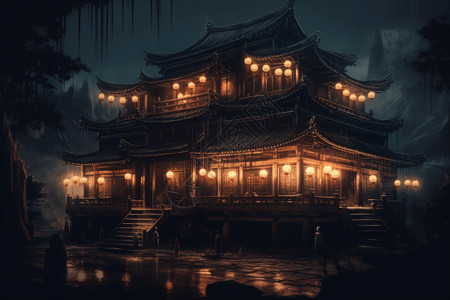 点亮中国神秘而迷人的中国宫殿插画