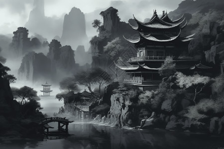 黑白水墨风中国宫殿背景图片