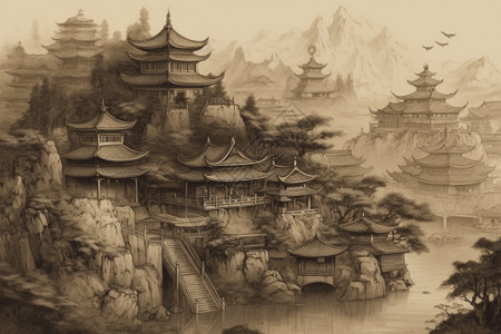 水墨画单色中国宫殿背景图片