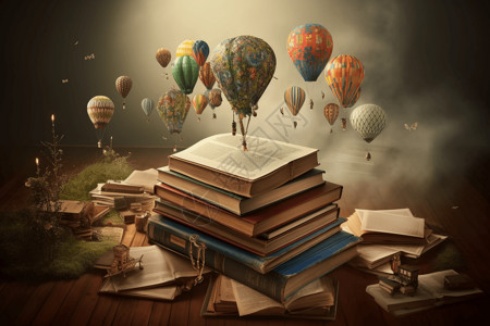 漂浮热气球奇思妙想中的书籍世界设计图片