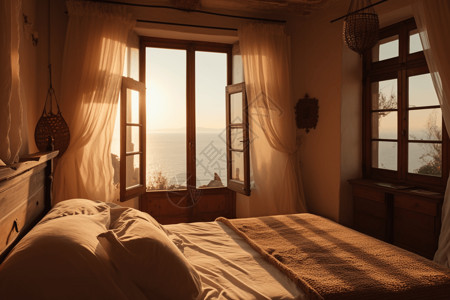 地中海卧室中的亚麻窗帘背景图片