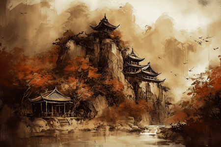 岩石地形上的中国馆背景图片