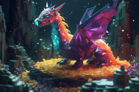 龙的像素素材神奇的低聚世界中的像素化龙，被水晶和宝石包围。，插画