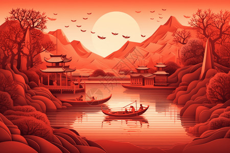 河岸景观宁静的中国景观插画