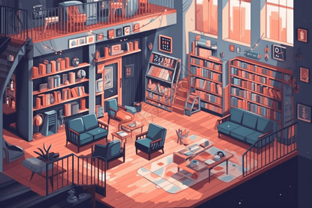 一个彩色书柜休闲读书区插画