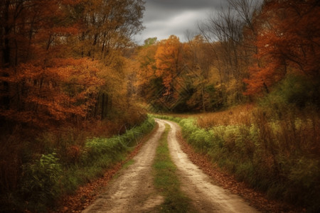 秋天的乡村之路绘画图片