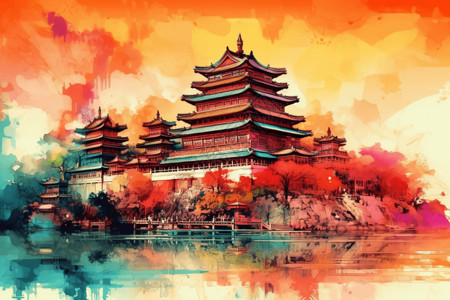 中国古塔迷人的水墨宫殿插画