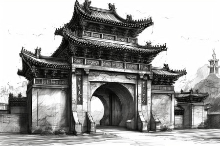 中国风建筑大门水墨线条宫门建筑插画