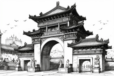 中式宫门建筑插画