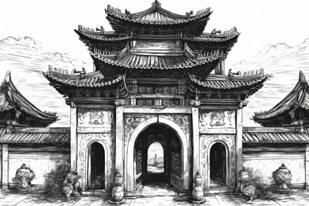 中国风建筑大门大气的宫门插画