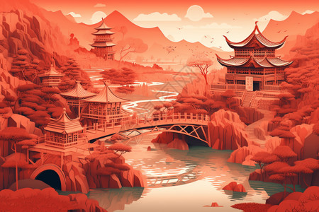 中国最美峡谷国风剪纸建筑插画