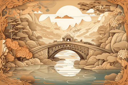 中式石桥古韵剪纸中式桥梁插画