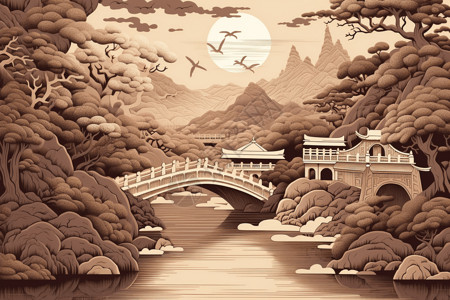 中式石桥古韵剪纸中式山水插画