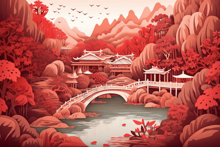 红色中国风山水背景图片