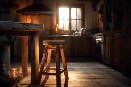 厨房中木质板凳背景图片
