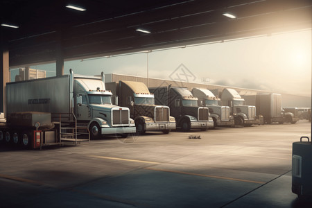 一排卡车汽车运输卡车服务站插画