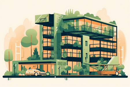 酒店车服可持续发展的生态酒店插画