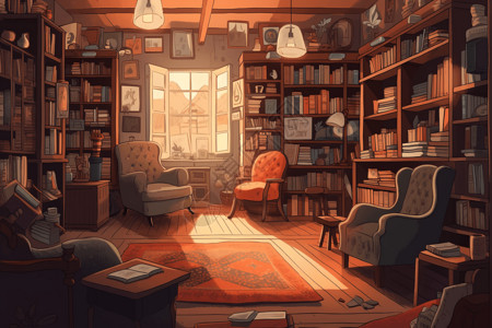 小镇客厅充阳光照射进温馨的书屋插画