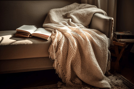 居家阅读看书亚麻毯子在角落设计图片
