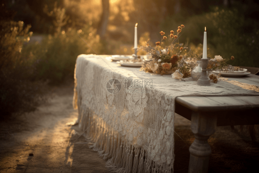 波西米亚婚礼中的亚麻桌图片