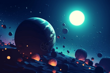 太空大战蓝色调行星和恒星的像素化太空场景插画