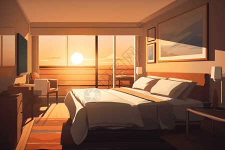 太阳床日出酒店房间插画