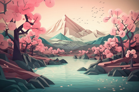 宁静的湖被高耸的樱花树和瀑布环绕的纸雕插画高清图片