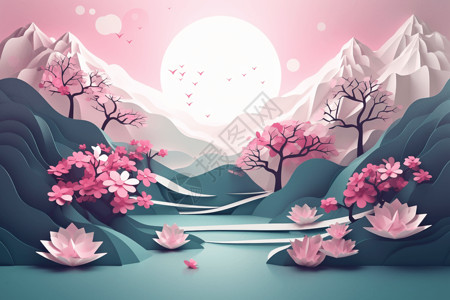 柔美迷人瀑布春季花朵盛开在山野中的纸雕插画插画