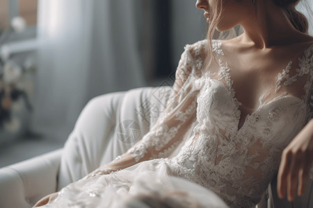 穿着白色蕾丝长裙新娘高清图片