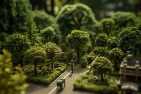 修剪树木探索城市公园的3D设计图设计图片