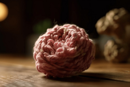 手擀面拌面木面上的羊毛毡玫瑰的特写镜头设计图片