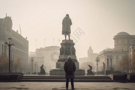 在公共广场欣赏巨大雕像的小人物图片
