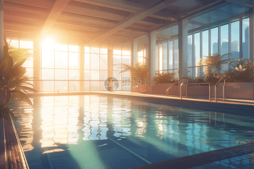 室内游泳池的3D插画图图片