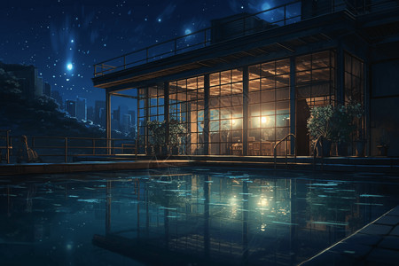 动漫风夜间游泳池插图图片