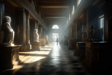 宫殿走廊雕塑馆内的雕塑和雕像设计图片